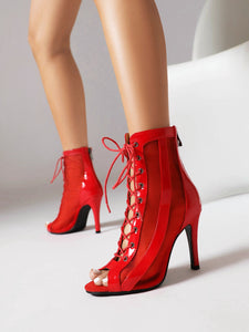 Women's Professional Dance Heels Boots Patent Leather Mesh Ballroom Practice Shoes