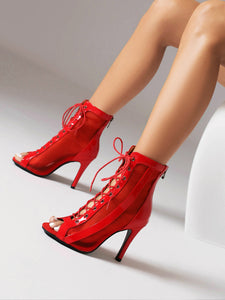 Women's Professional Dance Heels Boots Patent Leather Mesh Ballroom Practice Shoes