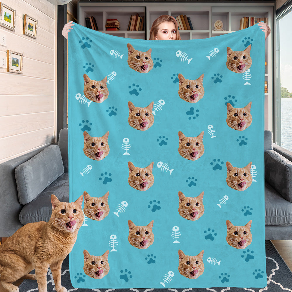 Custom Cat Face Blankets Personalized Cat Head Blankets Fleece Throw Cat Photo Blanket Christmas Gift