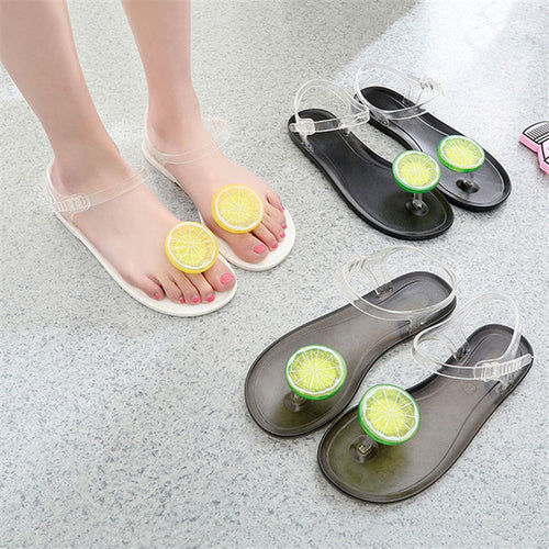 Flat Jelly Sandals for Women Casual Cute Summer Toe-strap Beach Shoes Lemon Design