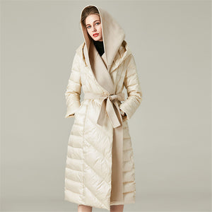 Women's 90% White Duck Down Long Puffer Coat with Hood