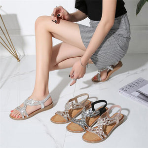 Women Rhinestone Sandals Flat Open Toe Ankle Strap Fashion Flower Summer Beach Shoes