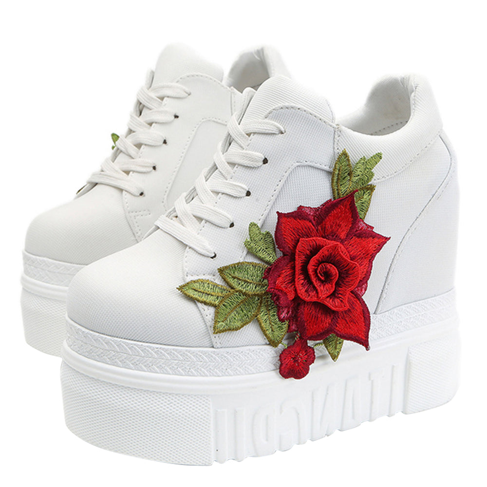 ACE SHOCK Women's Fashion Platform Sneakers High Hidden Heel Wedge Walking Shoes Bride Wedding Shoes Flower