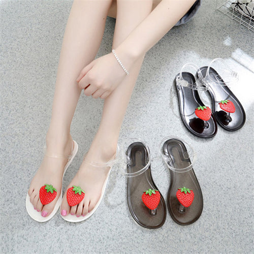Flat Jelly Sandals for Women Casual Cute Summer Toe-strap Beach Shoes Strawberry Design