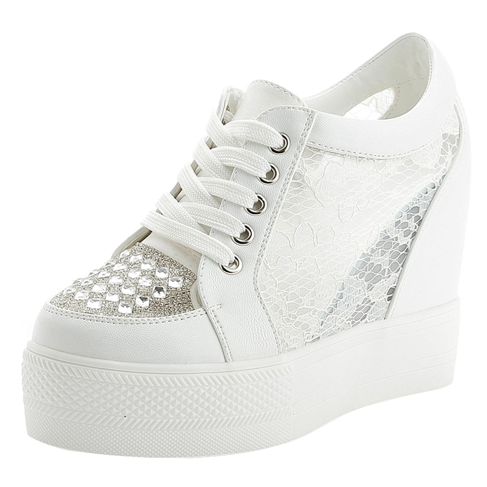 ACE SHOCK Women's Platform Sneakers with Hidden Heel Fashion Rhinestone Wedge Bride Wedding Shoes