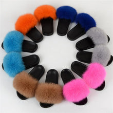 Load image into Gallery viewer, Real Fox Fur Slide Sandals for Women Flat Furry Slippers Slip on Fashion Beach Shoes