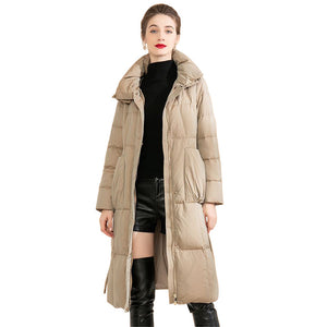 Women's 95% White Duck Down Long Puffer Coat with Belt