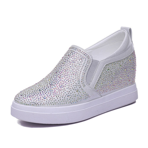 ACE SHOCK Women's Wedge Loafers with Hidden Heel Leather Rhinestone Fashion Sneakers