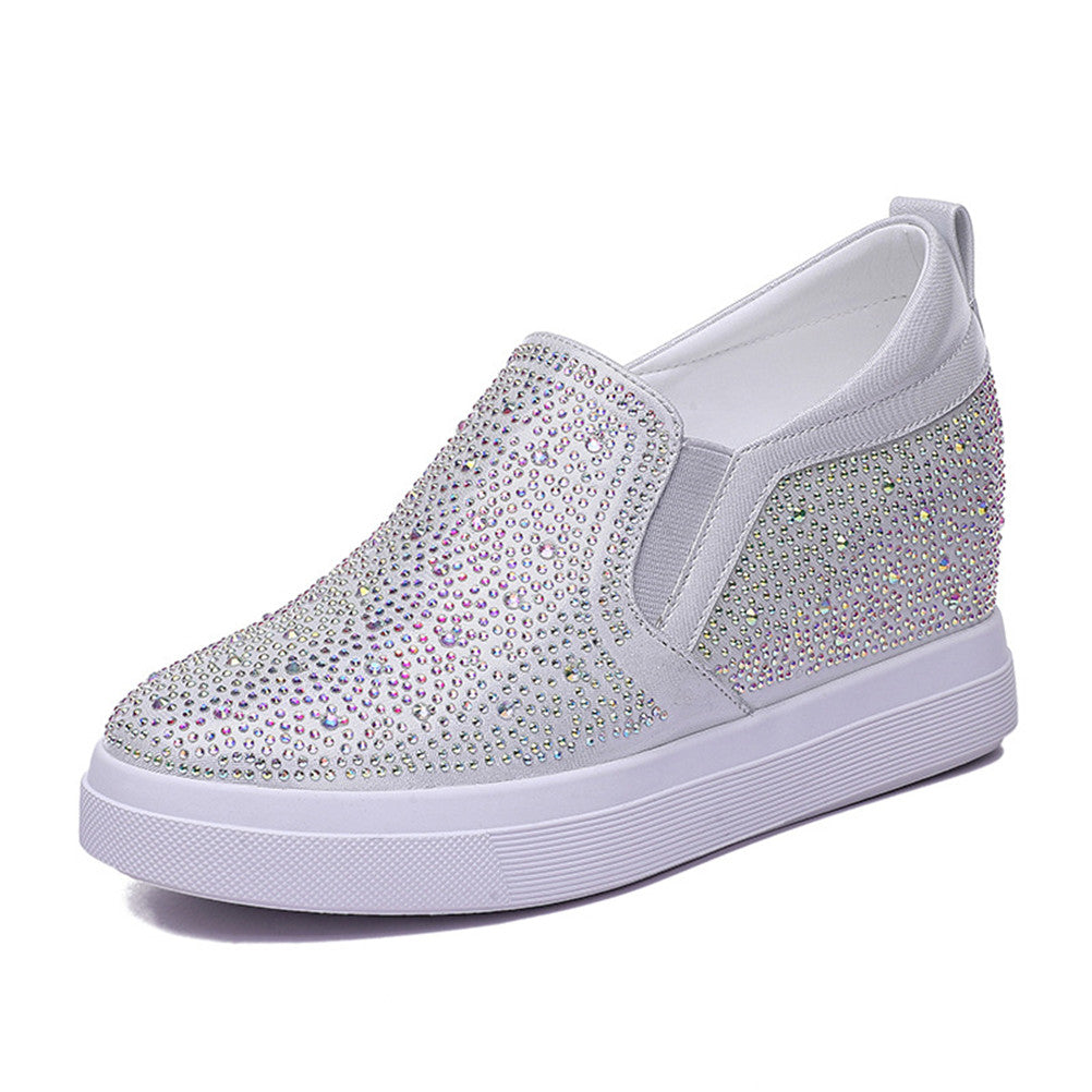 ACE SHOCK Women's Wedge Loafers with Hidden Heel Leather Rhinestone Fashion Sneakers
