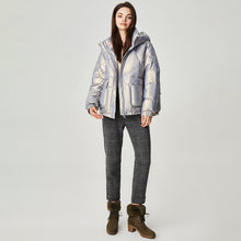 Load image into Gallery viewer, Women&#39;s Cozy Hooded Shiny Puffer Jacket 90% White Duck Down Coat