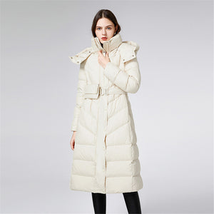 Women's 90% White Duck Down High Waisted Hooded Extra Long Puffer Coat with Belt