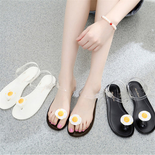 Flat Jelly Sandals for Women Casual Cute Summer Toe-strap Beach Shoes Fried Egg Design