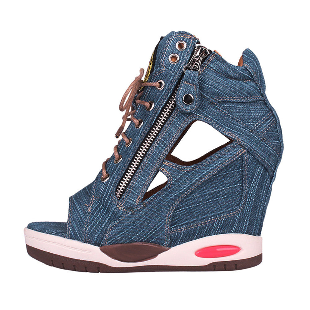 ACE SHOCK Women's Wedge Sneakers with Hidden Heel Lace-up Ankle High Platform Denim Shoes