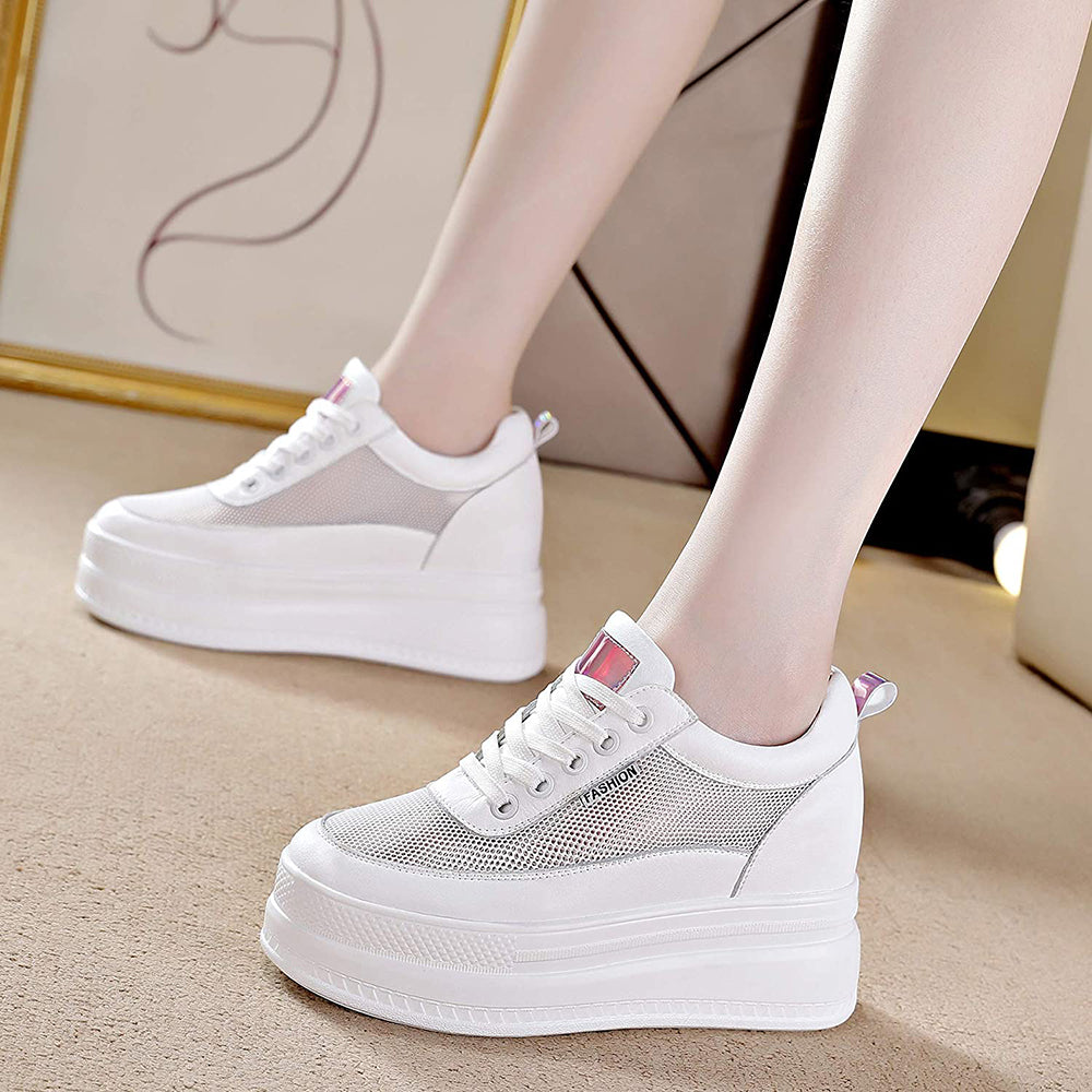 ACE SHOCK Women's Platform Sneakers with Hidden Heel Fashion Leather Wedge Bride Wedding Shoes