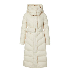 Women's 90% White Duck Down High Waisted Hooded Extra Long Puffer Coat with Belt