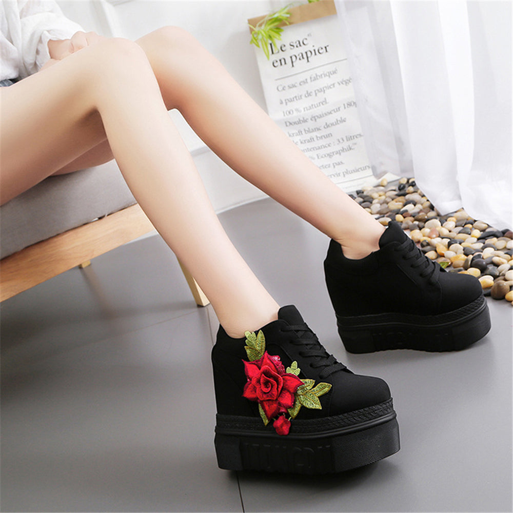 ACE SHOCK Women's Fashion Platform Sneakers High Hidden Heel Wedge Walking Shoes Bride Wedding Shoes Flower