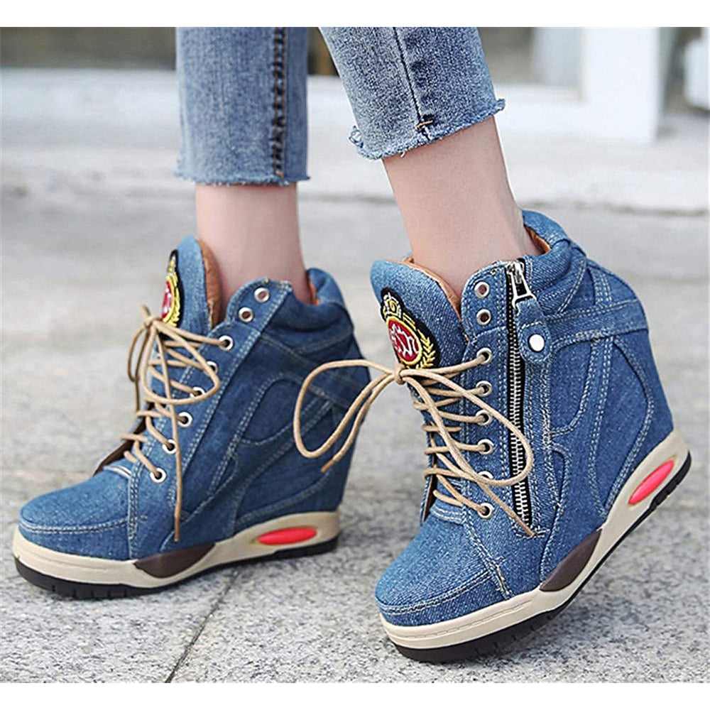 ACE SHOCK Women's Wedge Sneakers with Hidden Heel Lace-up Ankle High Platform Denim Shoes