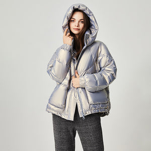 Women's Cozy Hooded Shiny Puffer Jacket 90% White Duck Down Coat