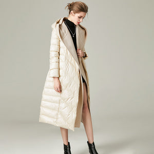 Women's 90% White Duck Down Long Puffer Coat with Hood