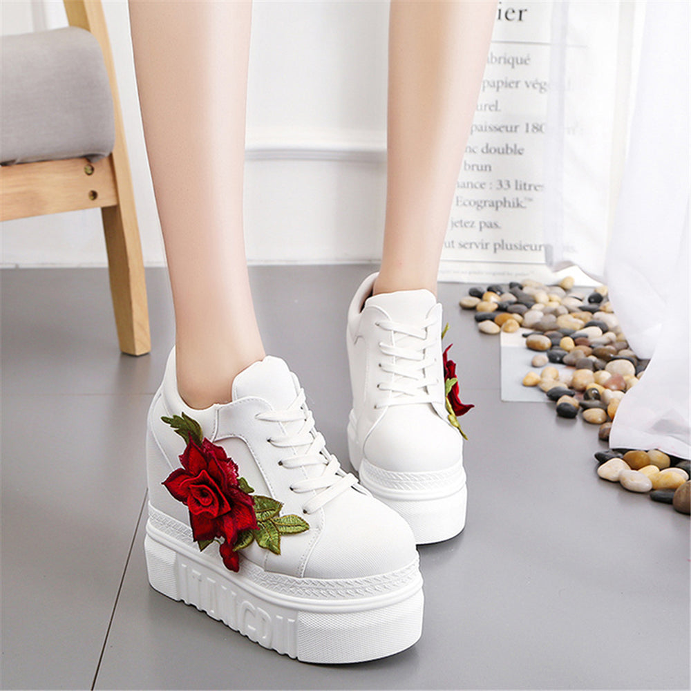 ACE SHOCK Women's Fashion Platform Sneakers High Hidden Heel Wedge Walking Shoes Bride Wedding Shoes Flower