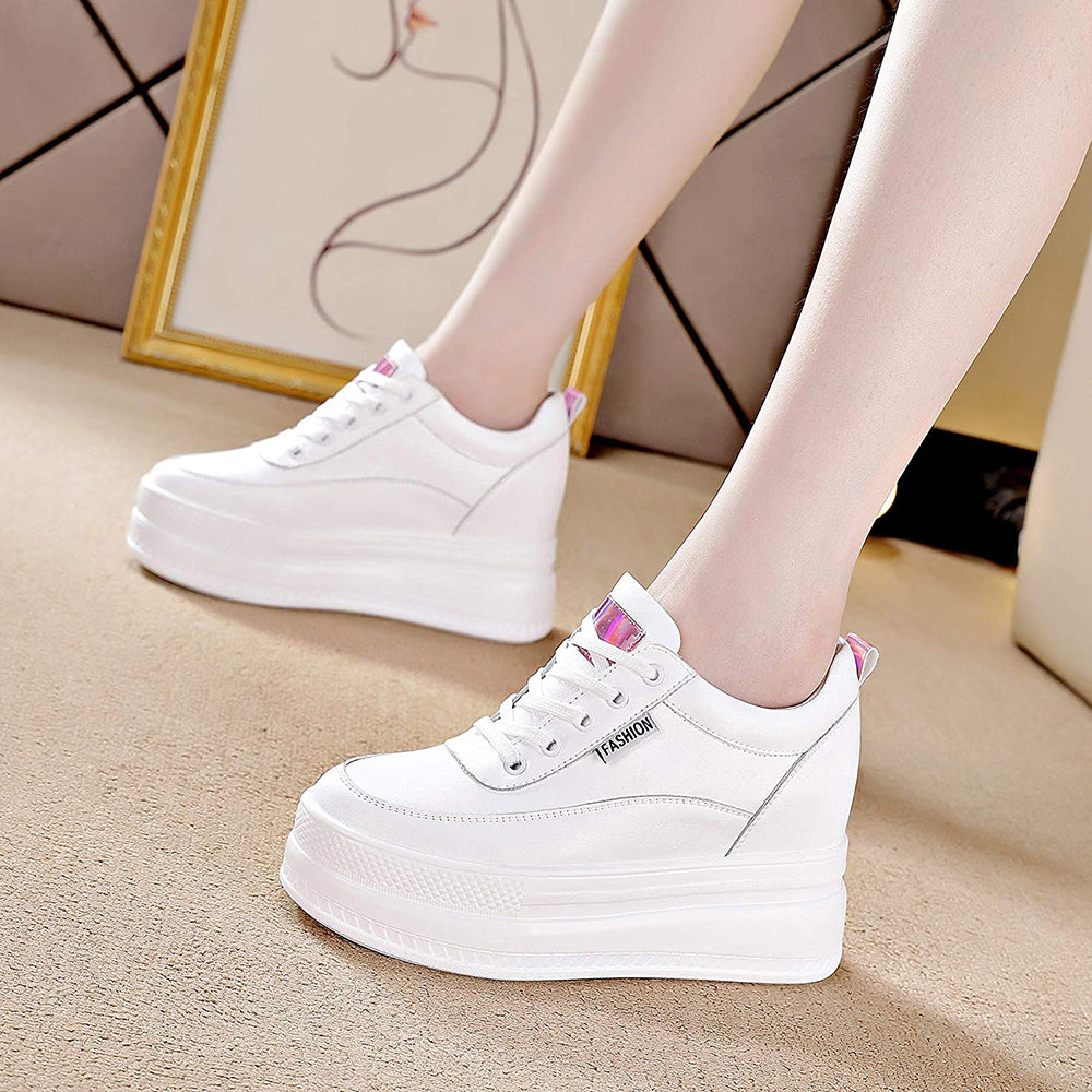ACE SHOCK Women's Platform Sneakers with Hidden Heel Fashion Leather Wedge Bride Wedding Shoes