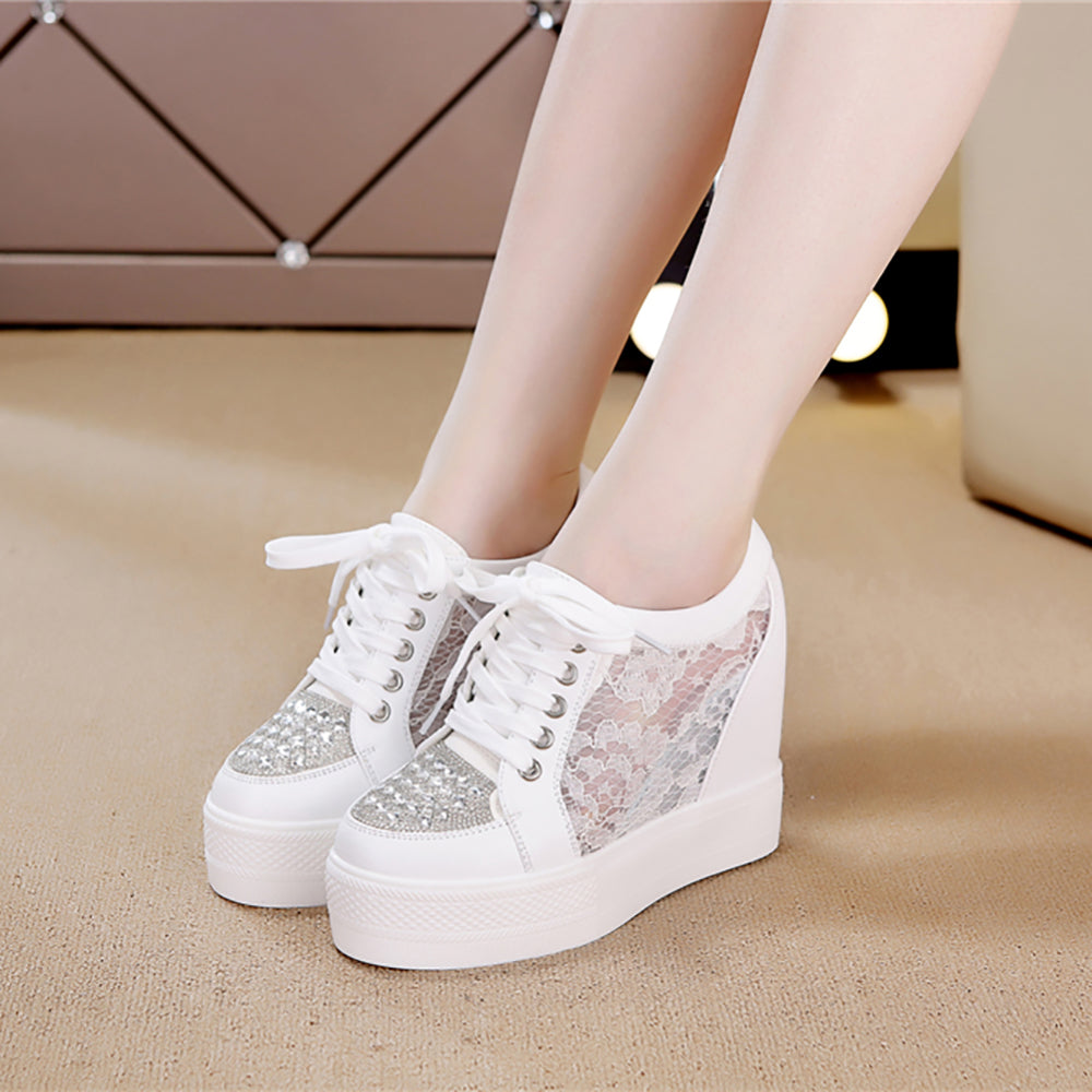 ACE SHOCK Women's Platform Sneakers with Hidden Heel Fashion Rhinestone Wedge Bride Wedding Shoes