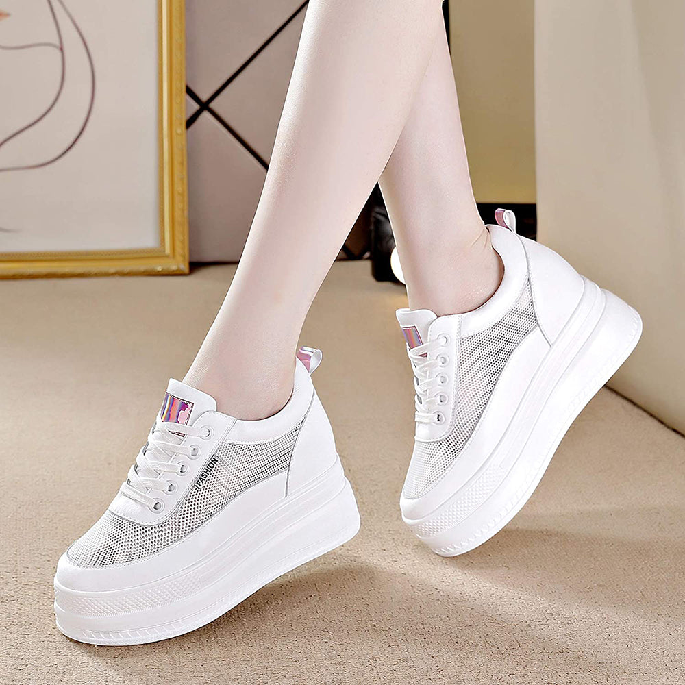 ACE SHOCK Women's Platform Sneakers with Hidden Heel Fashion Leather Wedge Bride Wedding Shoes