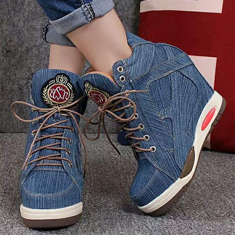 ACE SHOCK Women's Wedge Sneakers with Hidden Heel Lace-up Ankle High Platform Denim Shoes