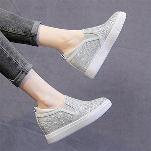 ACE SHOCK Women's Wedge Loafers with Hidden Heel Leather Rhinestone Fashion Sneakers