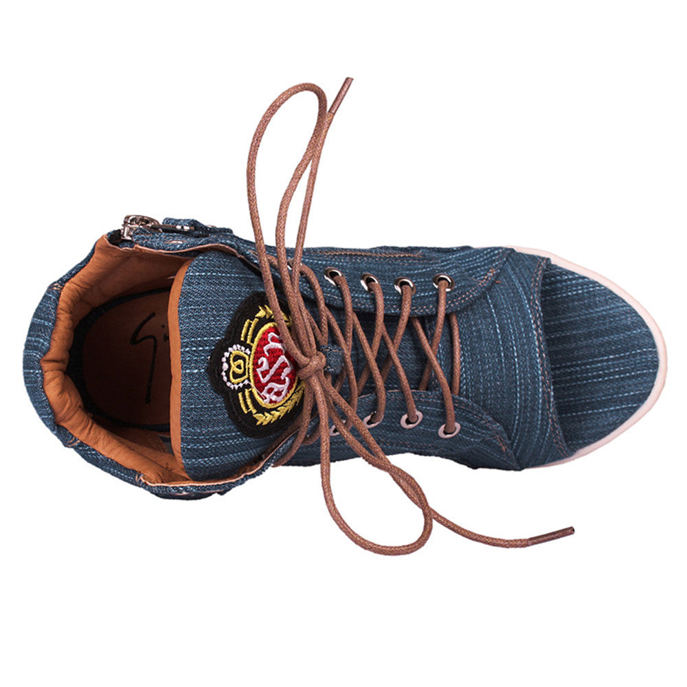 ACE SHOCK Women's Wedge Sneakers with Hidden Heel Lace-up Ankle High Platform Denim Shoes