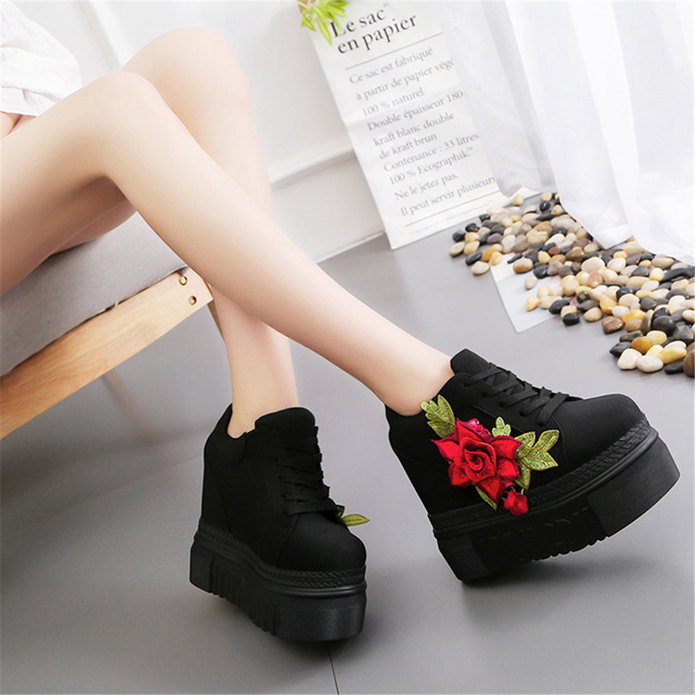ACE SHOCK Women's Fashion Platform Sneakers High Hidden Heel Wedge Walking Shoes Bride Wedding Shoes Flower