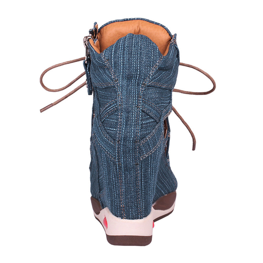 ACE SHOCK Women's Wedge Sneakers with Hidden Heel Lace-up Ankle High Platform Denim Shoes