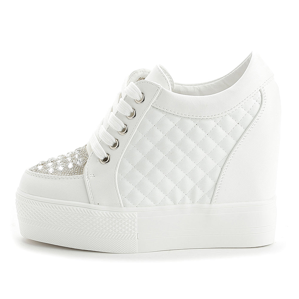 ACE SHOCK Women's Platform Sneakers with Hidden Heel Fashion Rhinestone Wedge Bride Wedding Shoes