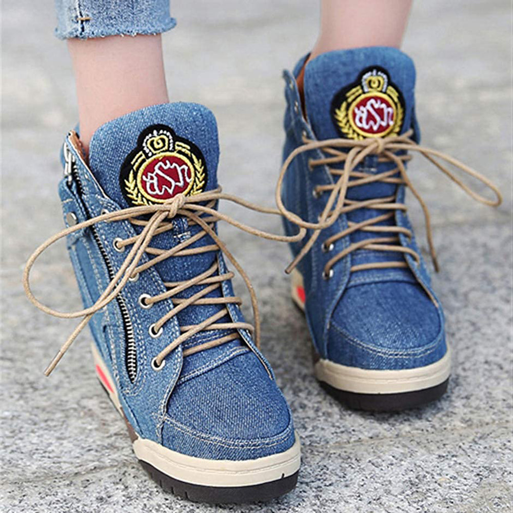 ACE SHOCK Women's Wedge Sneakers with Hidden Heel Lace-up Ankle High Platform Denim Shoes
