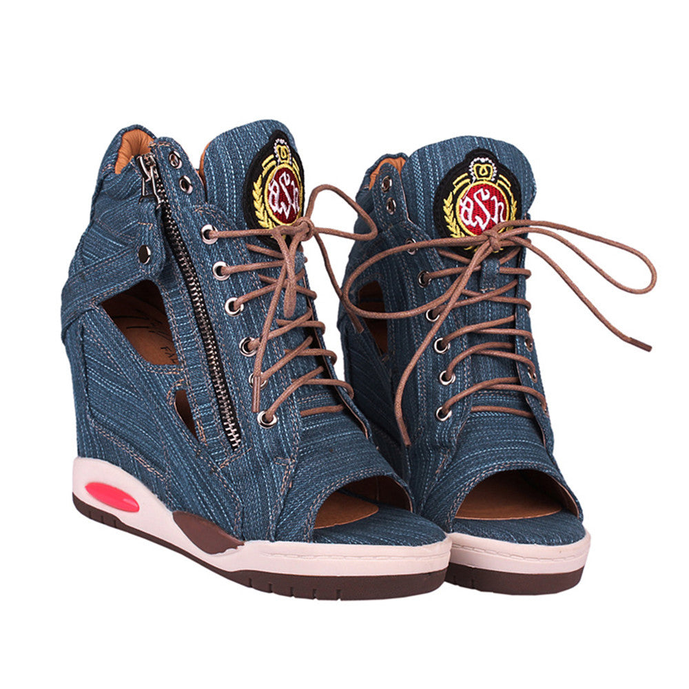 ACE SHOCK Women's Wedge Sneakers with Hidden Heel Lace-up Ankle High Platform Denim Shoes