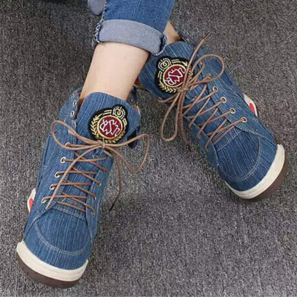 ACE SHOCK Women's Wedge Sneakers with Hidden Heel Lace-up Ankle High Platform Denim Shoes