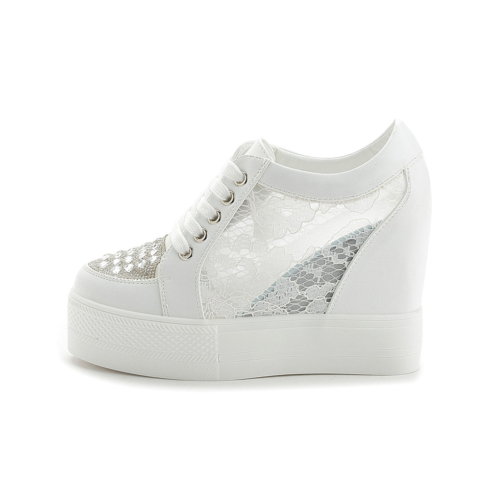ACE SHOCK Women's Platform Sneakers with Hidden Heel Fashion Rhinestone Wedge Bride Wedding Shoes