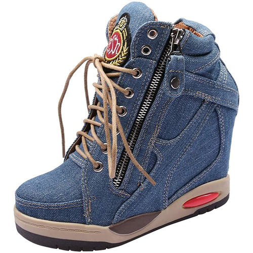 ACE SHOCK Women's Wedge Sneakers with Hidden Heel Lace-up Ankle High Platform Denim Shoes