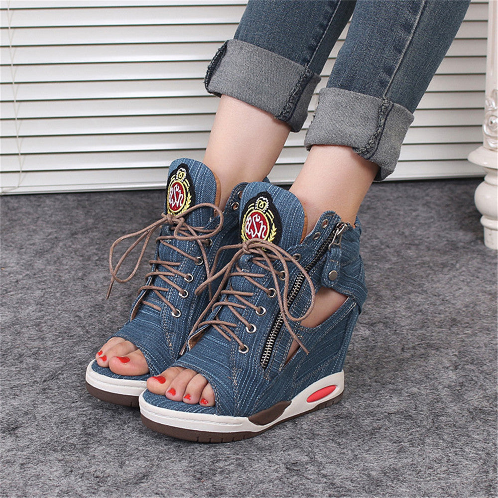 ACE SHOCK Women's Wedge Sneakers with Hidden Heel Lace-up Ankle High Platform Denim Shoes