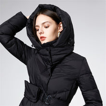 Load image into Gallery viewer, Women&#39;s 90% White Duck Down High Waisted Hooded Extra Long Puffer Coat with Belt