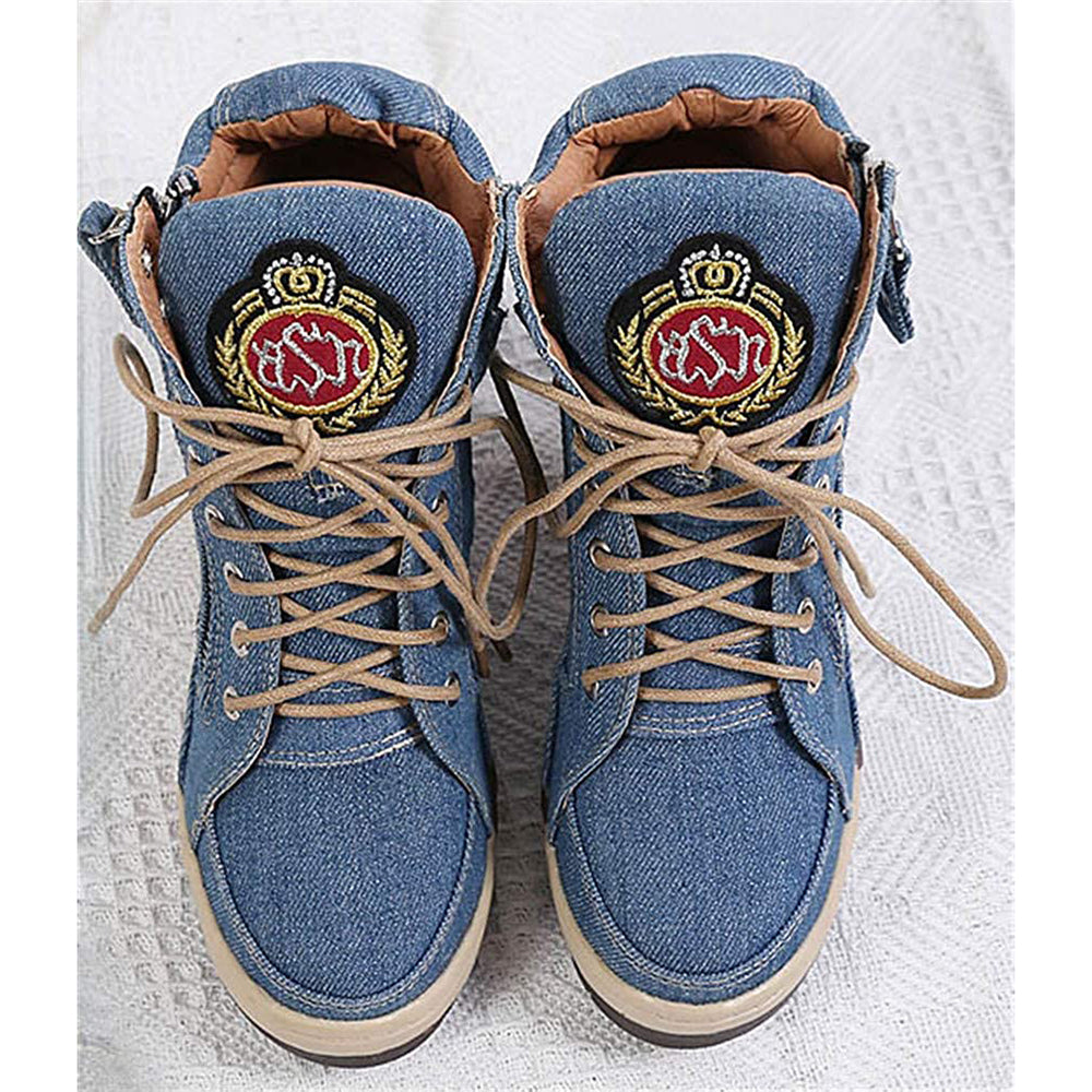 ACE SHOCK Women's Wedge Sneakers with Hidden Heel Lace-up Ankle High Platform Denim Shoes