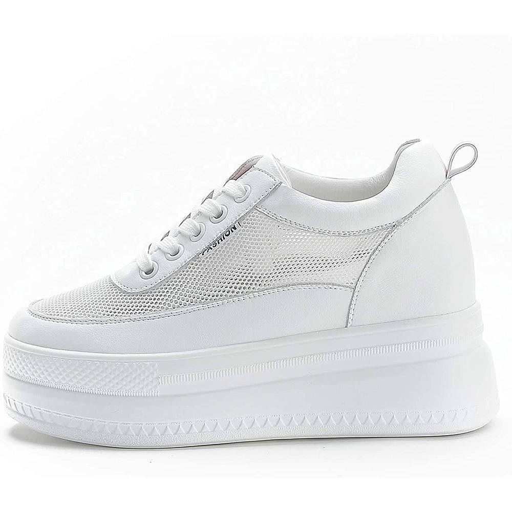 ACE SHOCK Women's Platform Sneakers with Hidden Heel Fashion Leather Wedge Bride Wedding Shoes