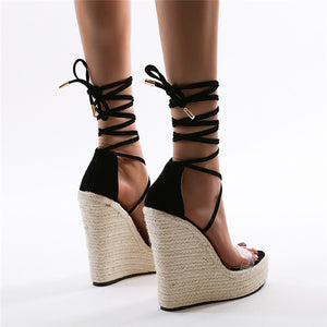 Women Espadrille Wedge Sandals 2021 Fashion Lace-up High Heeled Platform Dressy Shoes