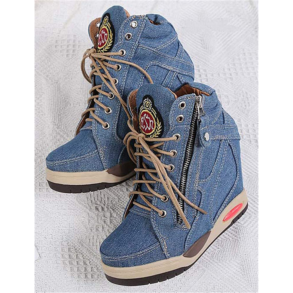 ACE SHOCK Women's Wedge Sneakers with Hidden Heel Lace-up Ankle High Platform Denim Shoes