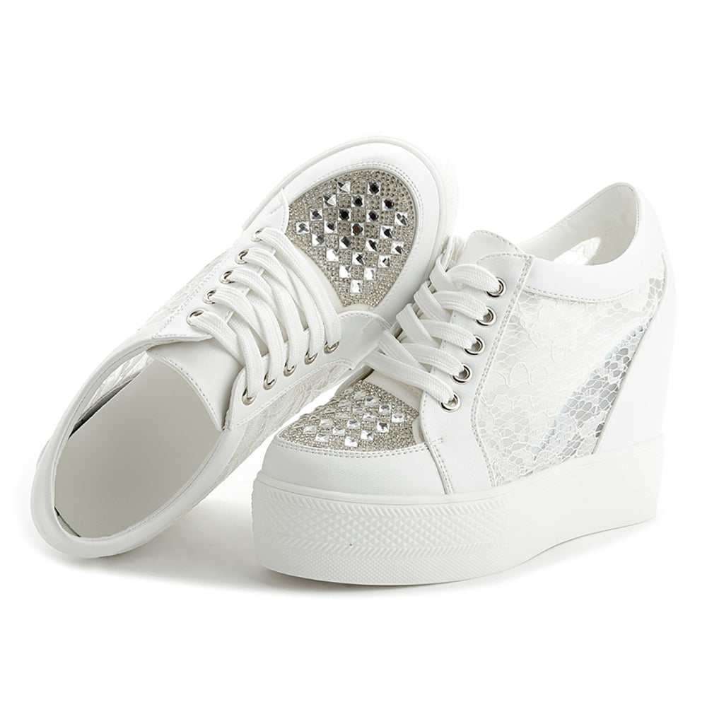 ACE SHOCK Women's Platform Sneakers with Hidden Heel Fashion Rhinestone Wedge Bride Wedding Shoes