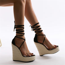 Load image into Gallery viewer, Women Espadrille Wedge Sandals 2021 Fashion Lace-up High Heeled Platform Dressy Shoes