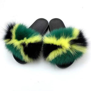 Real Fox Fur Slide Sandals for Women Flat Furry Slippers Fashion Vertical Grain Slip on Beach Shoes