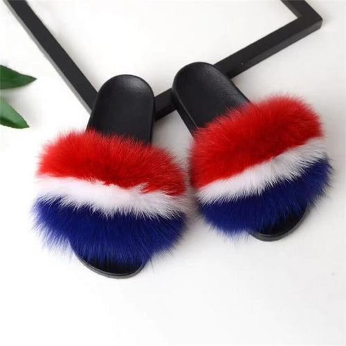 Real Fox Fur Slide Sandals for Women Flat Furry Slippers Fashion Cross Grain Slip on Beach Shoes