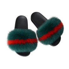 Load image into Gallery viewer, Real Fox Fur Slide Sandals for Women Flat Furry Slippers Fashion Cross Grain Slip on Beach Shoes
