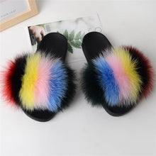 Load image into Gallery viewer, Real Fox Fur Slide Sandals for Women Flat Furry Slippers Fashion Vertical Grain Slip on Beach Shoes